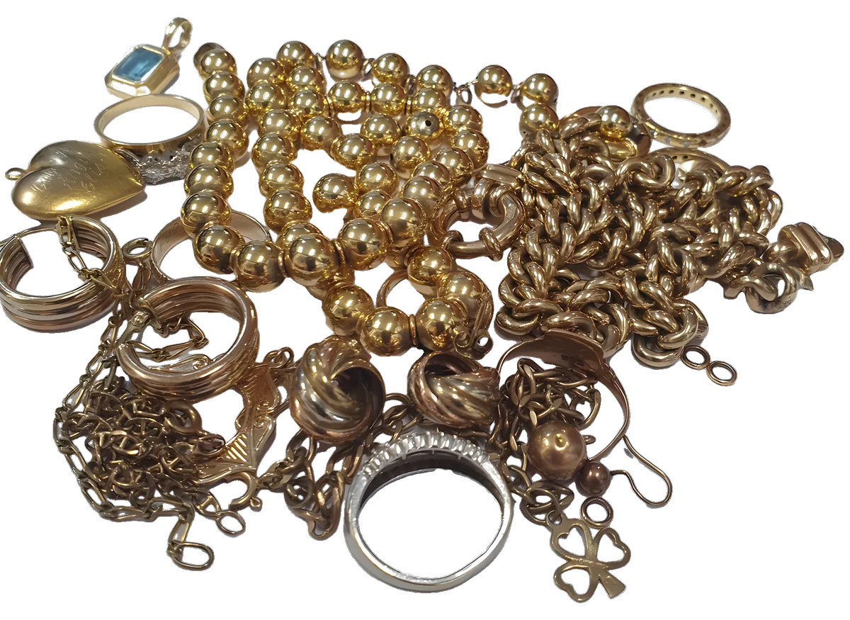 A pile of gold chains, rings and earrings brought in to sell