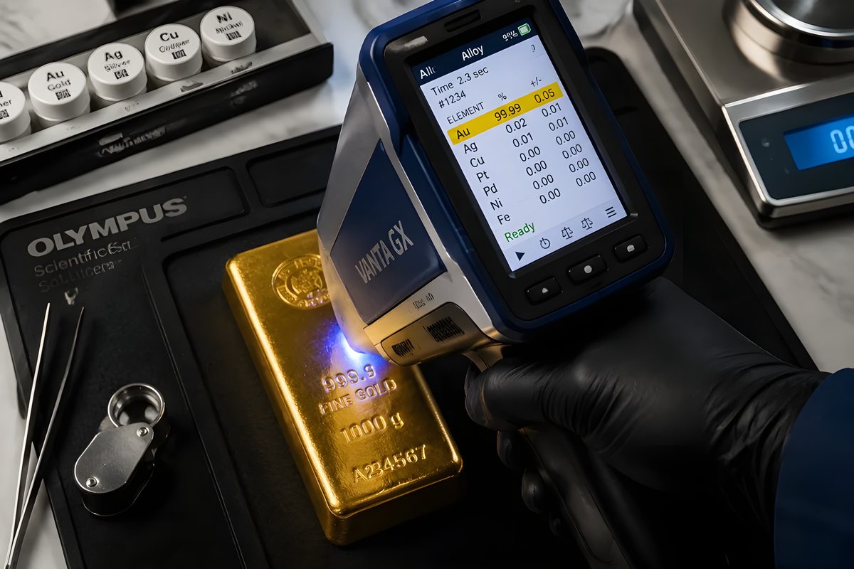 An XRF analyser reading a 1 kilo gold bar as 99.99% gold